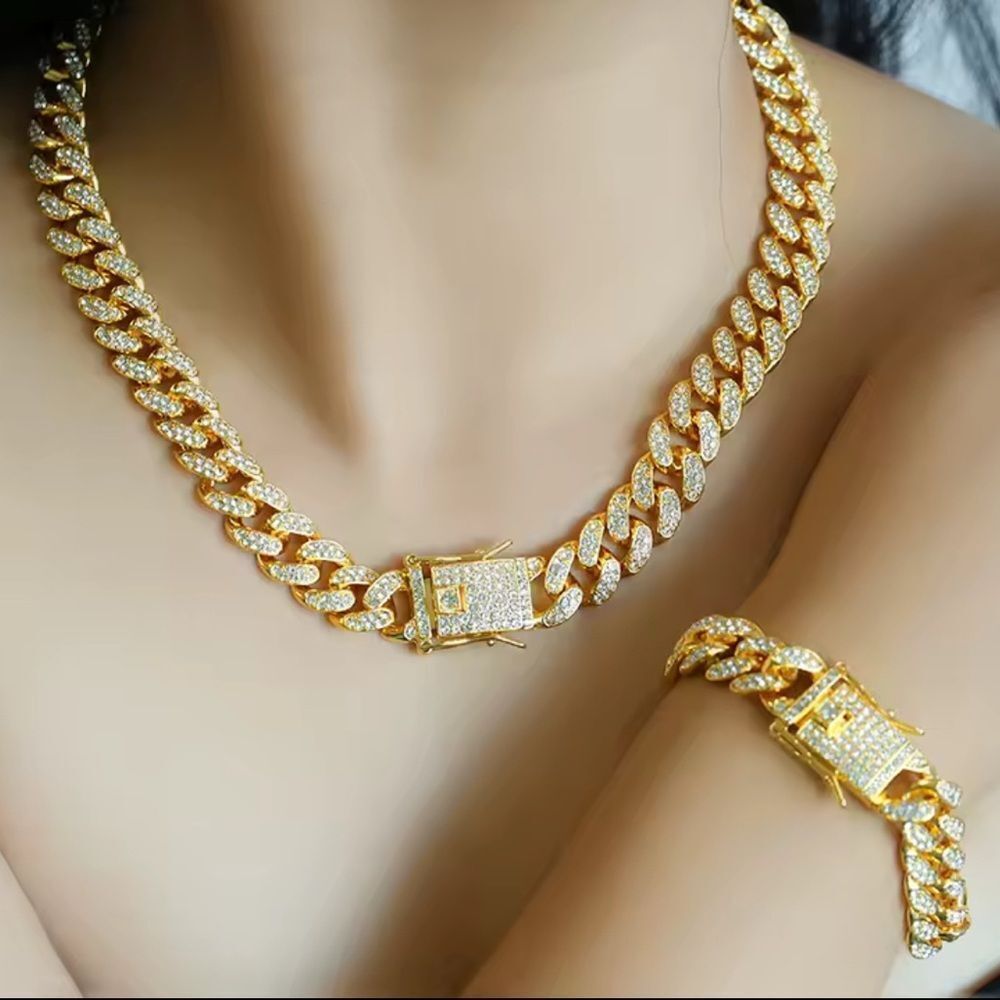 18K GOLD PLATED CUBAN LINK CHAIN NECKLACE AND BRACELET SET